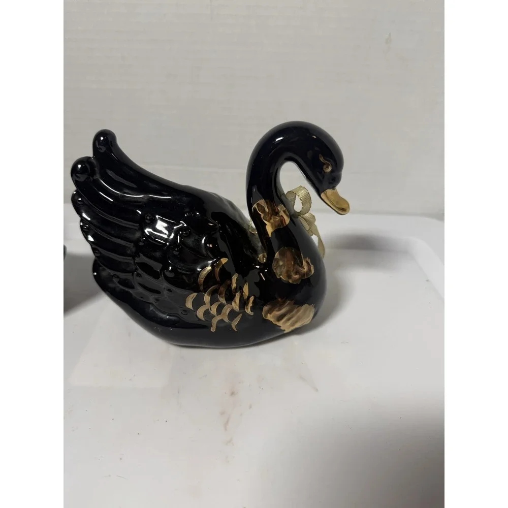 VTG Black Gold Ceramic Swans Set Animal Figurines Made In Taiwan 5